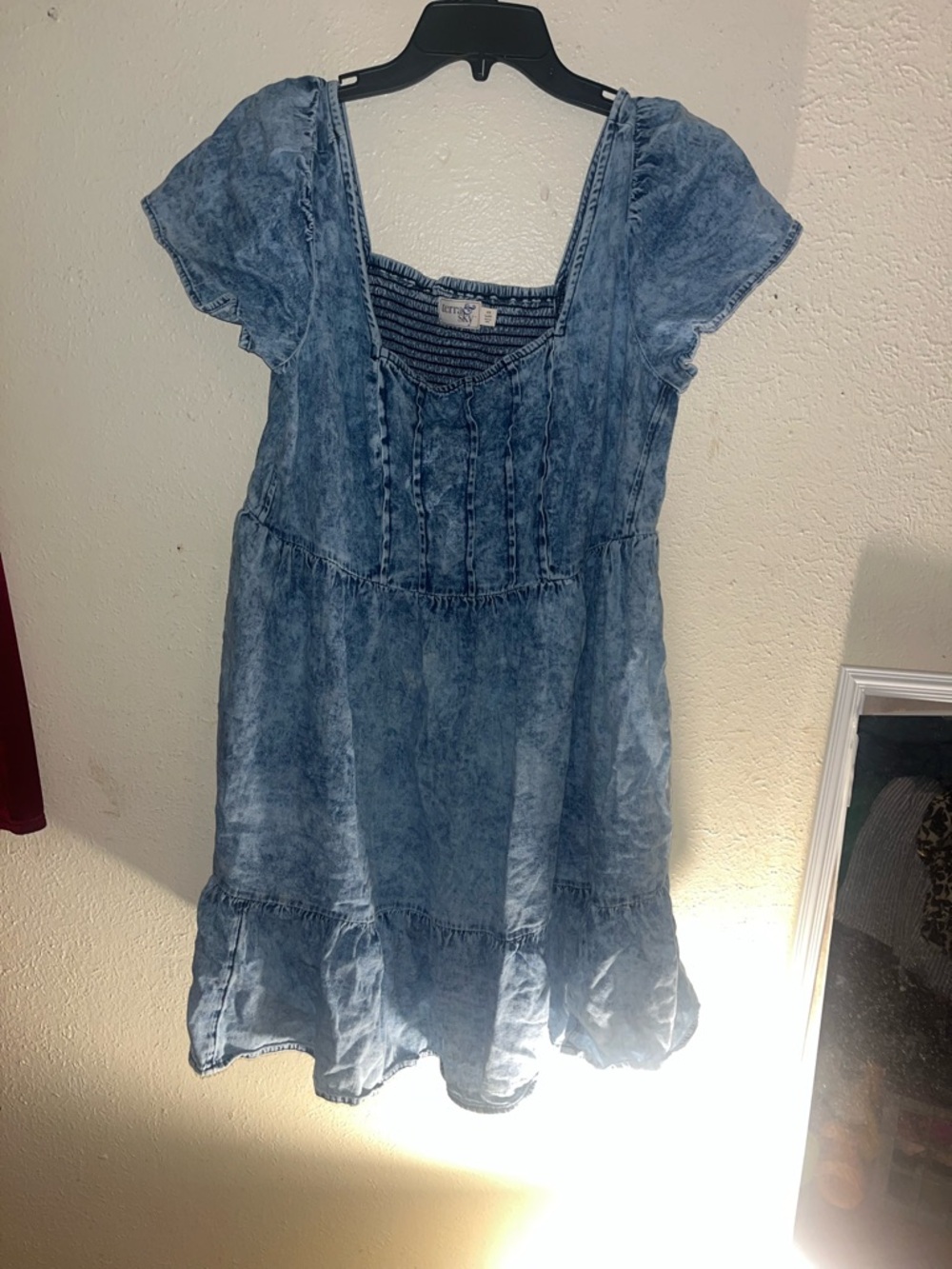 Terra & Sky Acid Wash Blue Cotton-Blend Women’s Dress